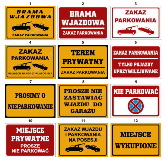 Metalowa tabliczka brama wjazdowa zakaz parkowania, wzory
