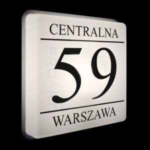 Podświetlany numer na dom LED Wzór M biała ramka