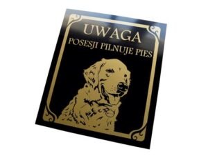 Personalizowana tabliczka Uwaga Pies. Metalowa tabliczka informacyjna z ręcznie rysowanym wzorem ze zdjęcia psa klienta.