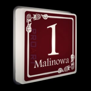 Podświetlany numer na dom LED Wzór O z malinami biała ramka