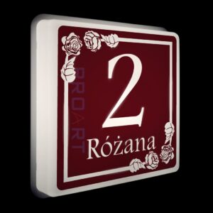 Podświetlany numer domu z różami LED Wzór R biała ramka