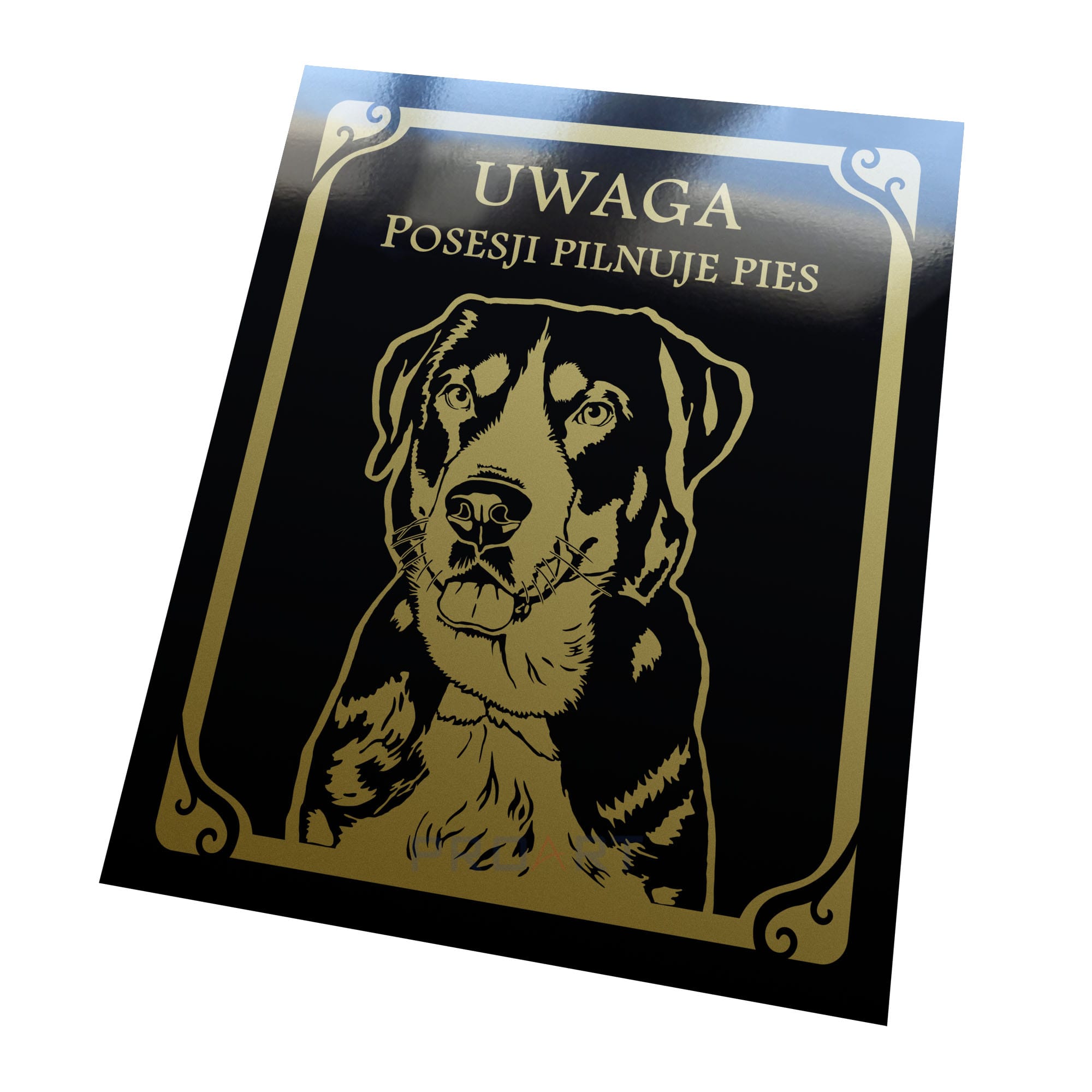 Spersonalizowana, metalowa tabliczka "uwaga pies". Ręcznie wykonany wzór.