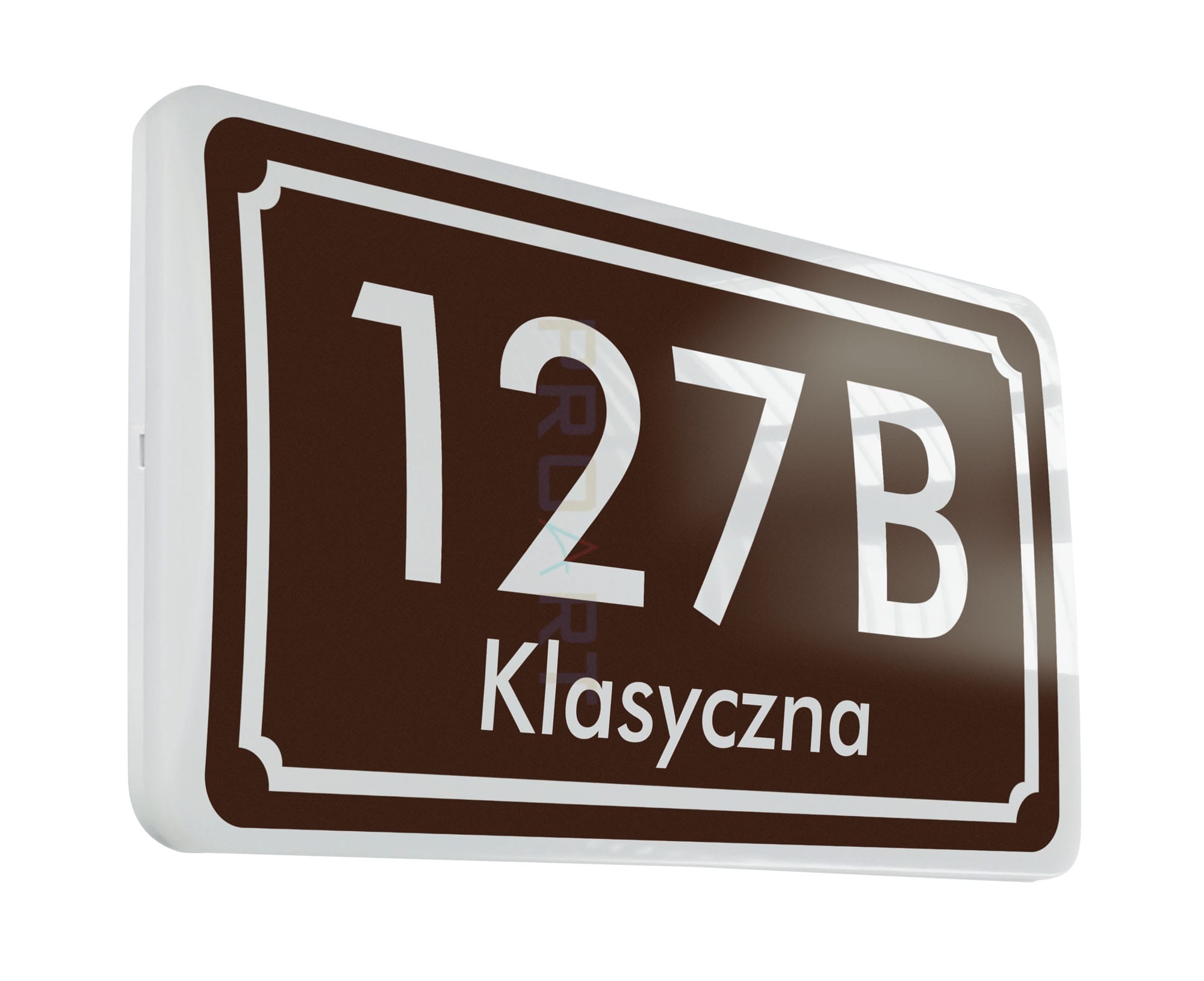 Prostokątny numer na dom z podświetleniem. Wzór obramowania z w stylu klasycznym.