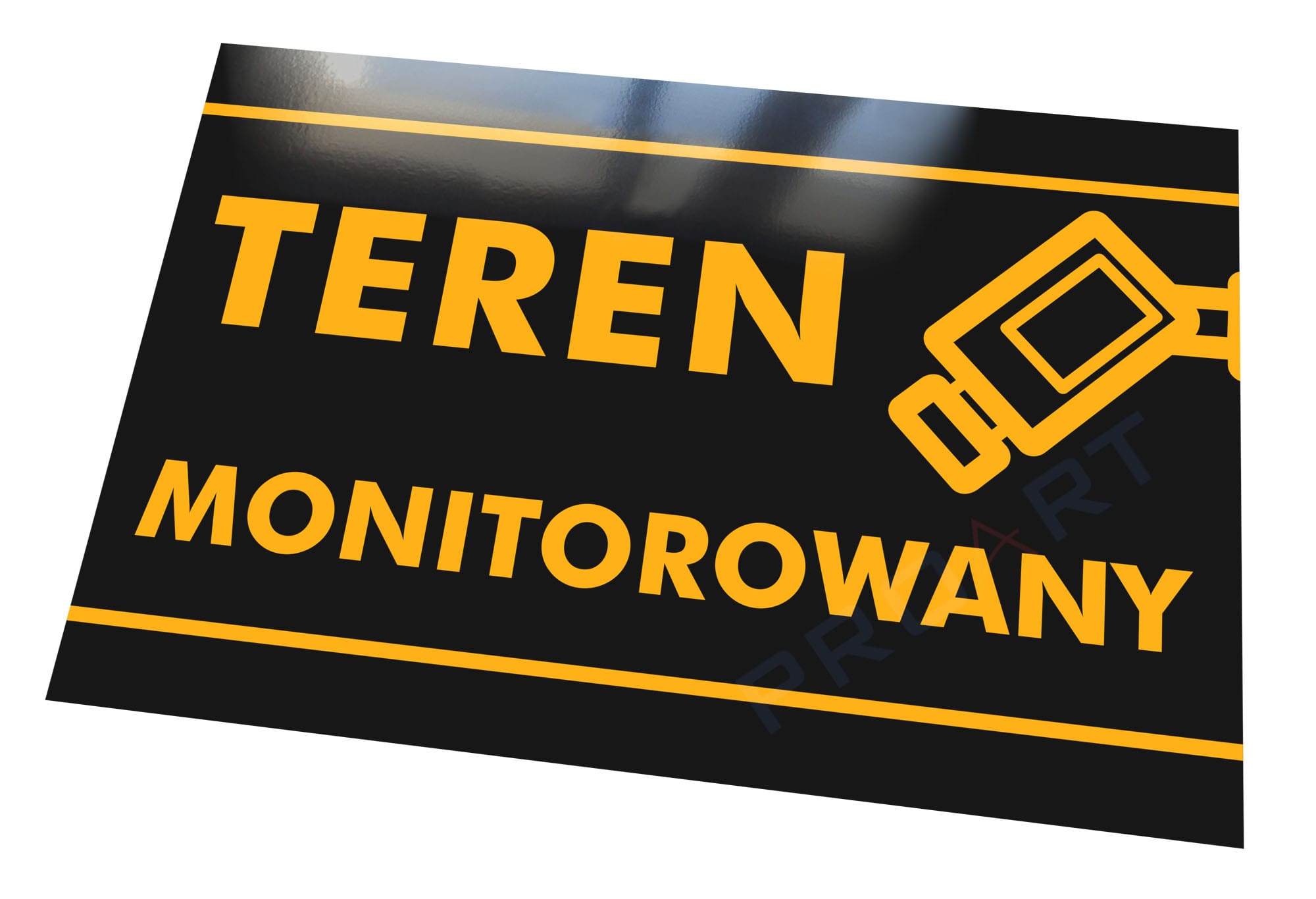 Metalowa tabliczka teren monitorowany z czarnym tłem, nowoczesną czcionką w żółtym kolorze i kamerą.