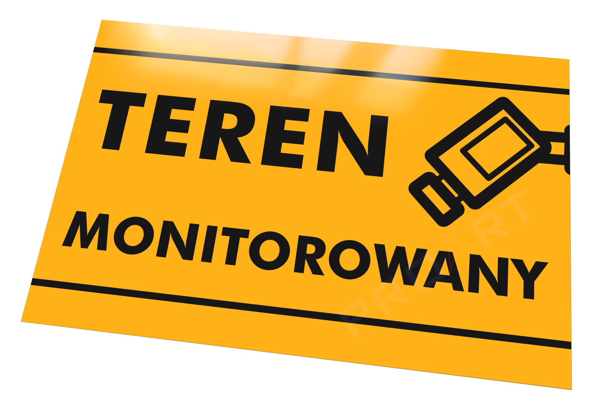 Metalowa tabliczka teren monitorowany z żółtym tłem i czarną nowoczesną czcionką i symbolem kamery.