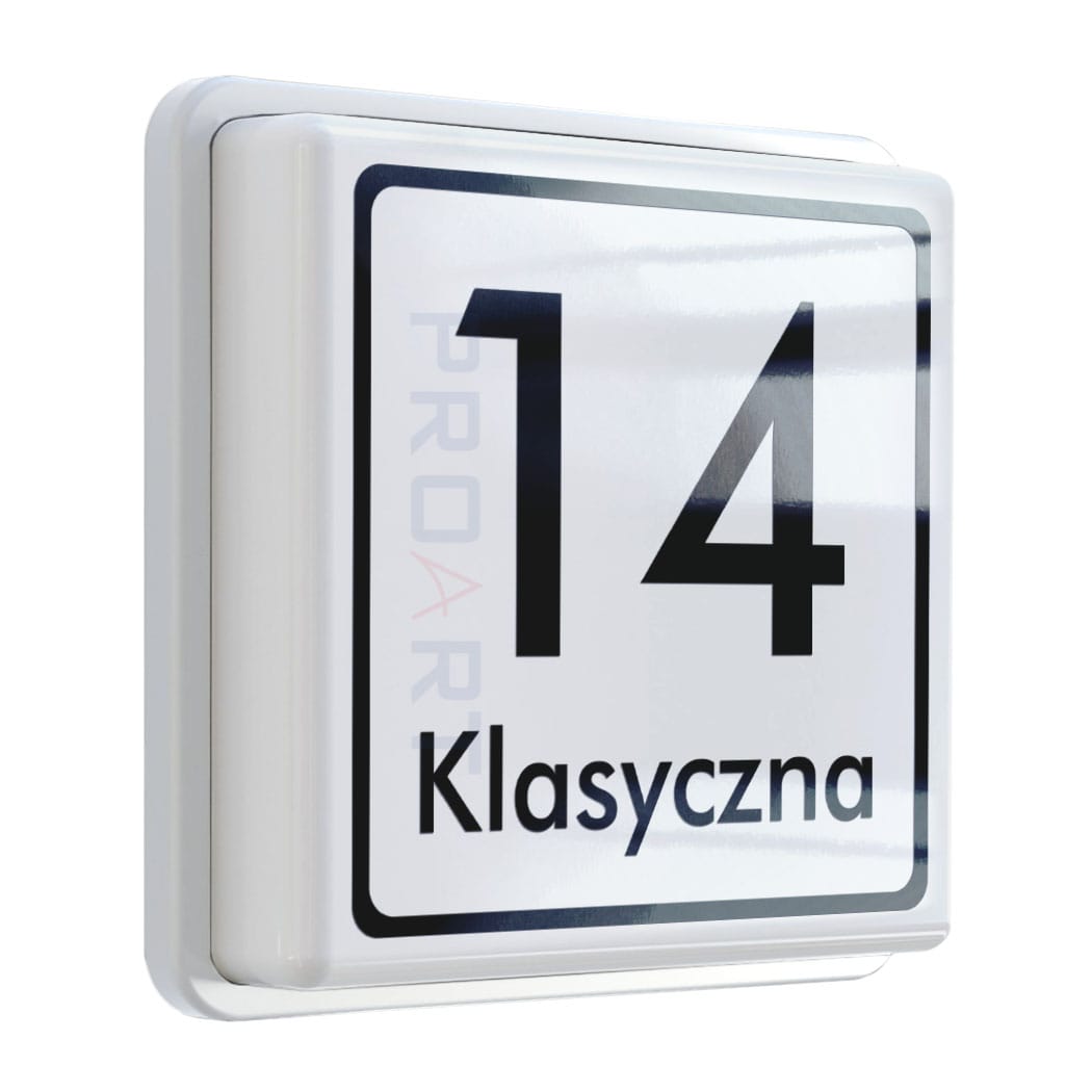 Nowoczesny podświetlany numer na dom wzór K+ z białą ramką maskującą.