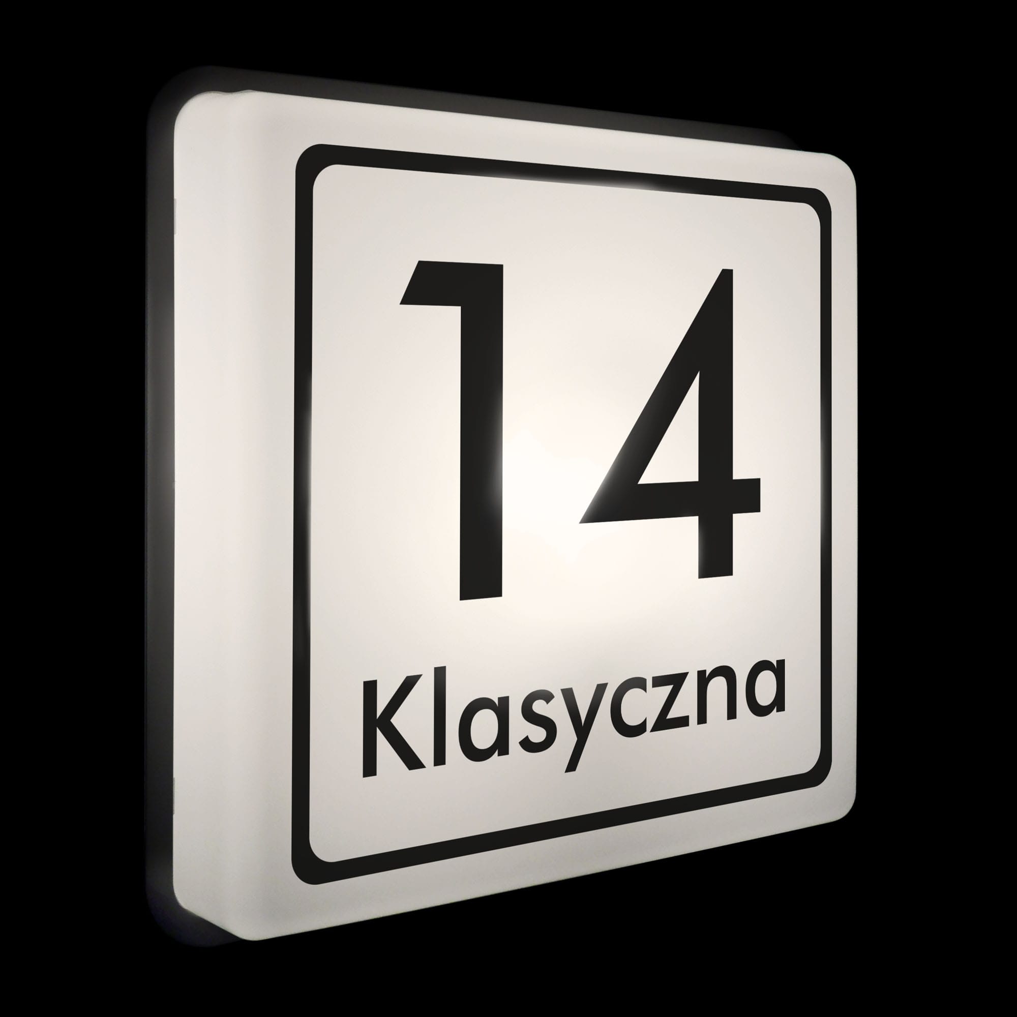Nowoczesny podświetlany numer domu wzór K+ z czarną ramką maskującą
