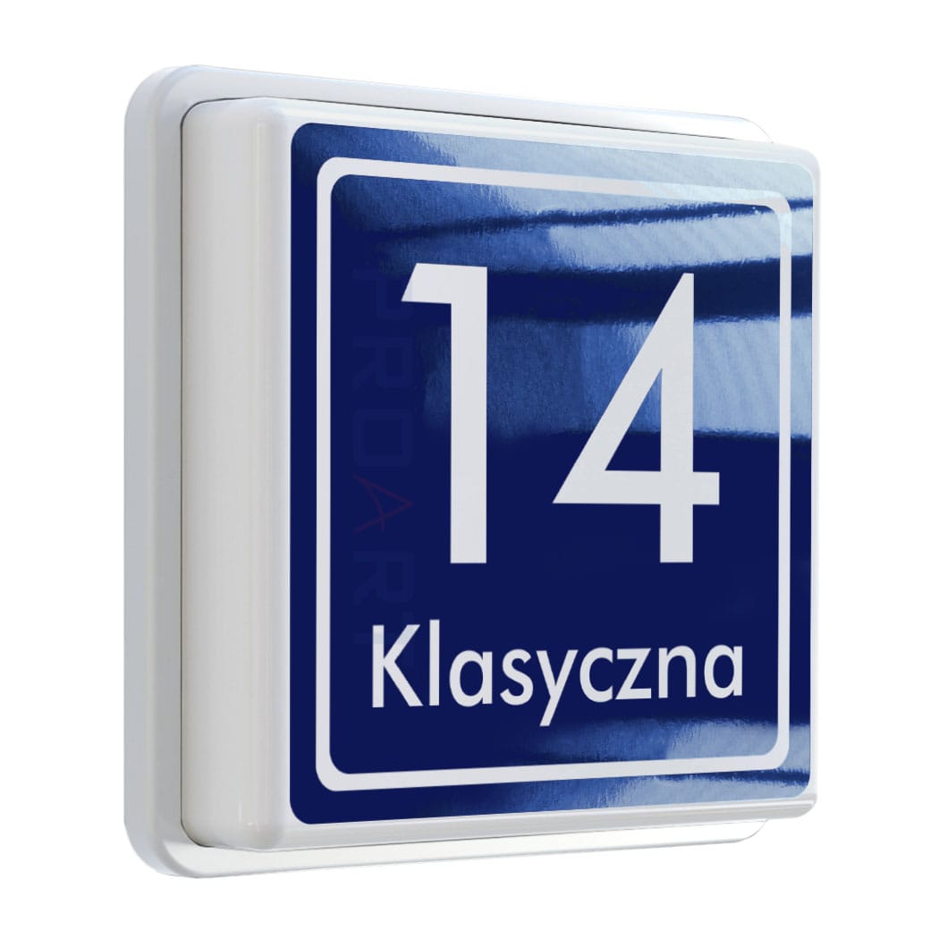 Podświetlany numer domu zasilany 230V wzór K+ biała ramka
